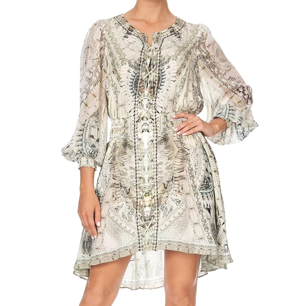 Camilla 100% Silk Daintree Dreaming Lace Up Shirred Waist Dress Blouson Sleeves - Picture 3 of 16